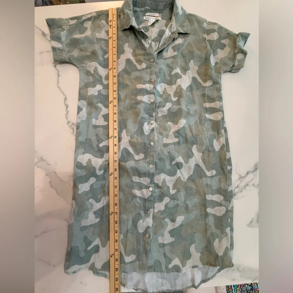 C&C California 100% Linen Green Camouflage Button Down Dress. XS